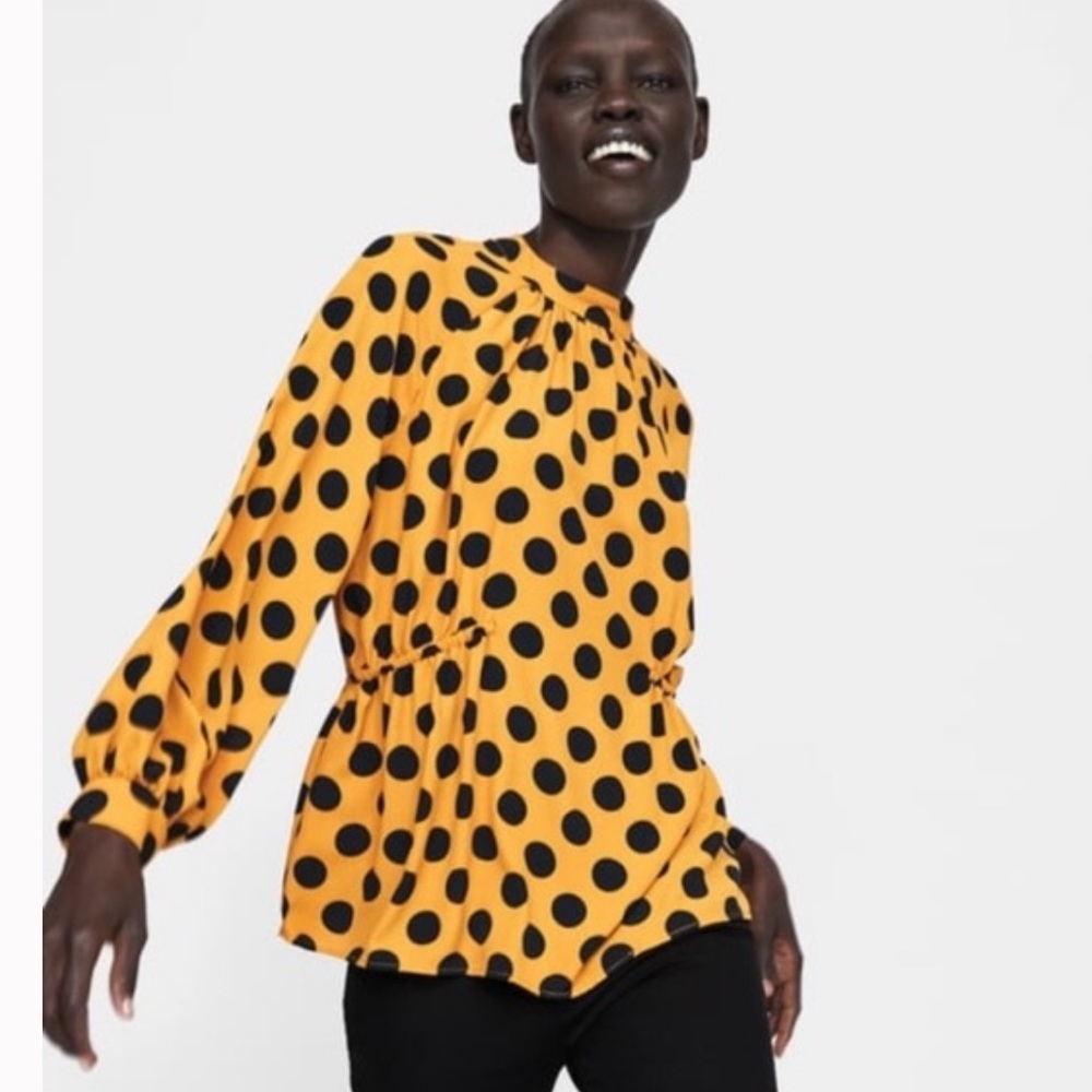 Zara High Neck Mustard & Black Polka Dot Blouse- Small